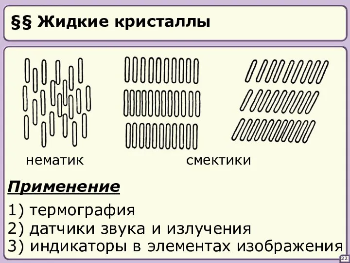 §§ Жидкие кристаллы нематик смектики Применение 1) термография 2) датчики звука