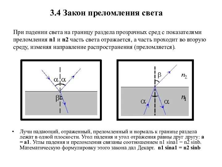 3.4 Закон преломления света При падении света на границу раздела прозрачных