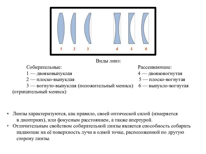 Виды линз: Собирательные: Рассеивающие: 1 — двояковыпуклая 4 — двояковогнутая 2