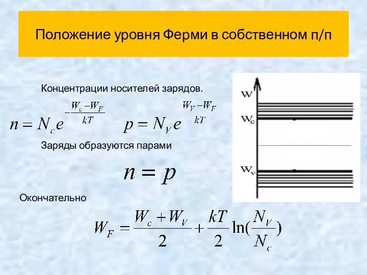 Положение уровня Ферми в собственном п/п Концентрации носителей зарядов. Заряды образуются парами Окончательно