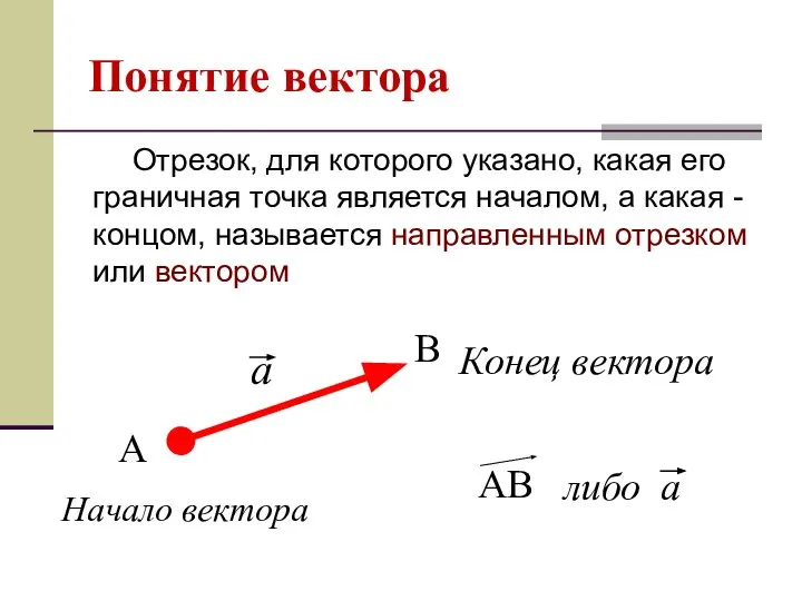 Понятие вектора Отрезок, для которого указано, какая его граничная точка является