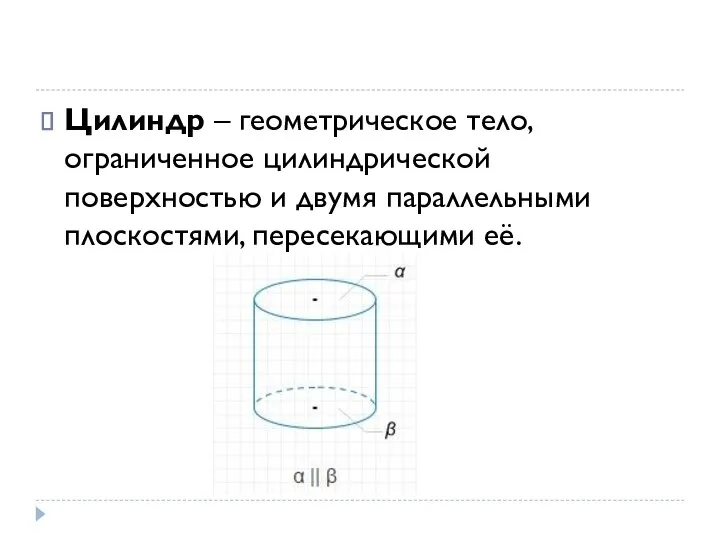 Цилиндр – геометрическое тело, ограниченное цилиндрической поверхностью и двумя параллельными плоскостями, пересекающими её.