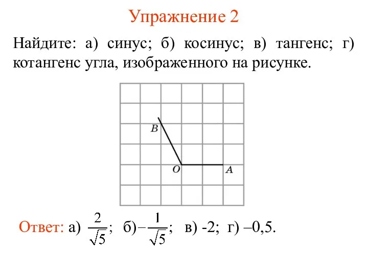 Упражнение 2 Найдите: а) синус; б) косинус; в) тангенс; г) котангенс