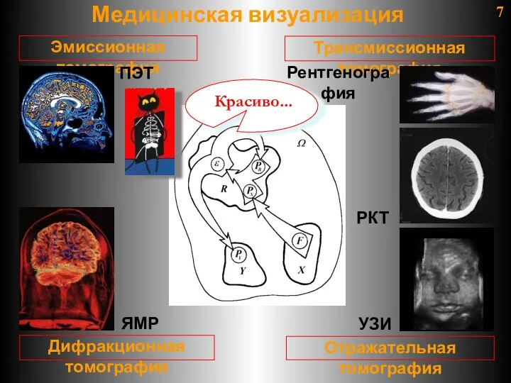 7 Медицинская визуализация Трансмиссионная томография Отражательная томография Эмиссионная томография Дифракционная томография