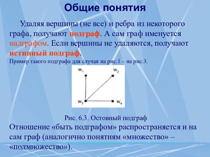 Общие понятия Удаляя вершины (не все) и ребра из некоторого графа,