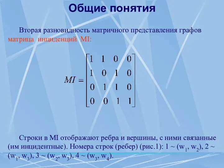 Вторая разновидность матричного представления графов матрица инциденций MI: Строки в MI