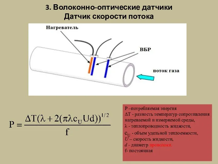 3. Волоконно-оптические датчики Датчик скорости потока Р –потребляемая энергия ΔT -