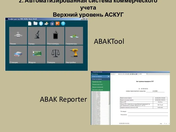 2. Автоматизированная система коммерческого учета Верхний уровень АСКУГ ABAKTool ABAK Reporter