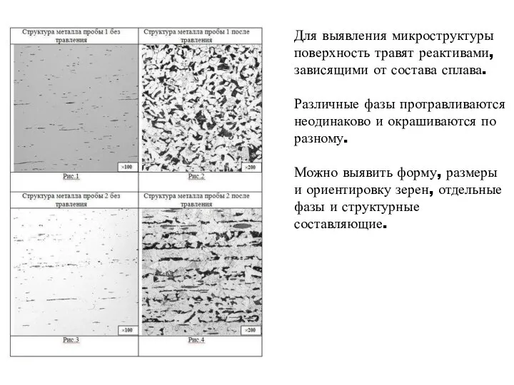 Для выявления микроструктуры поверхность травят реактивами, зависящими от состава сплава. Различные