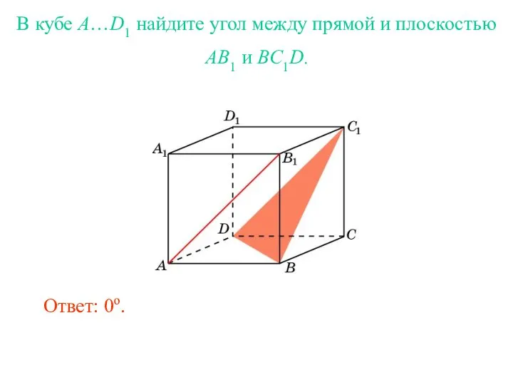 В кубе A…D1 найдите угол между прямой и плоскостью AB1 и BC1D. Ответ: 0o.