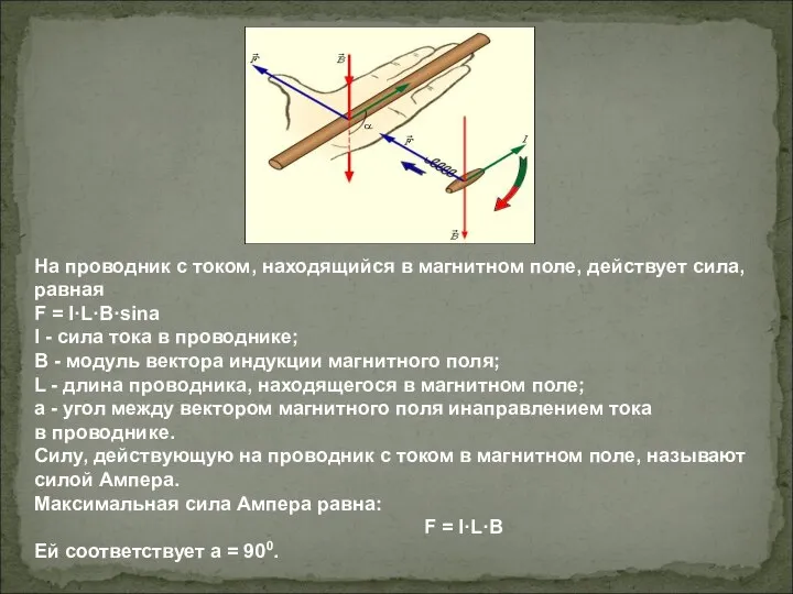 На проводник с током, находящийся в магнитном поле, действует сила, равная