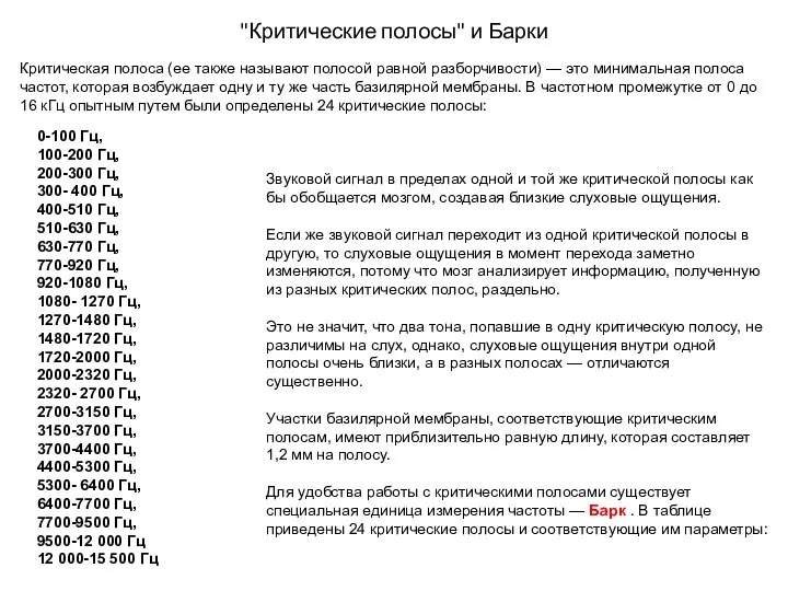 "Критические полосы" и Барки Критическая полоса (ее также называют полосой равной