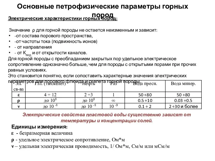 Основные петрофизические параметры горных пород Электрические характеристики горных пород: Значение ρ