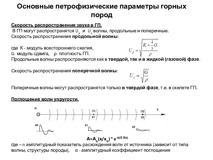 Основные петрофизические параметры горных пород Скорость распространения звука в ГП. В