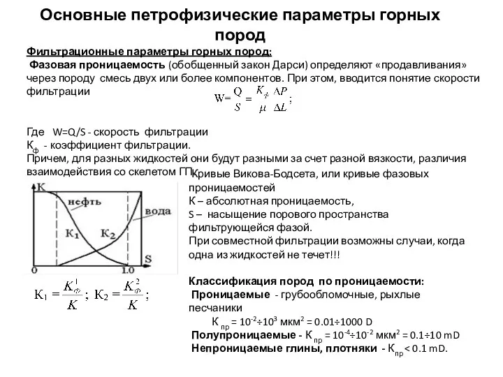 Основные петрофизические параметры горных пород Фильтрационные параметры горных пород: Фазовая проницаемость