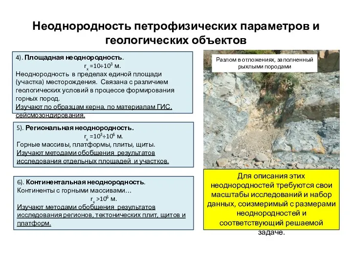 Неоднородность петрофизических параметров и геологических объектов 4). Площадная неоднородность. rx =10÷103