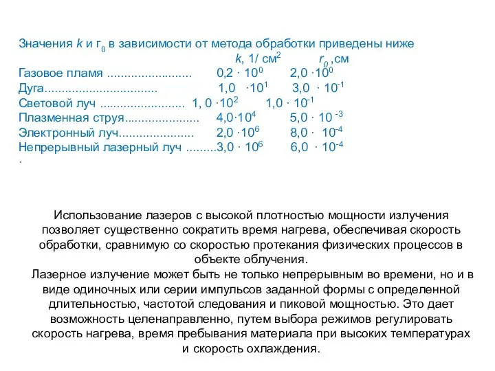 Значения k и г0 в зависимости от метода обработки приведены ниже