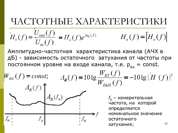 ЧАСТОТНЫЕ ХАРАКТЕРИСТИКИ Амплитудно-частотная характеристика канала (АЧХ в дБ) - зависимость остаточного