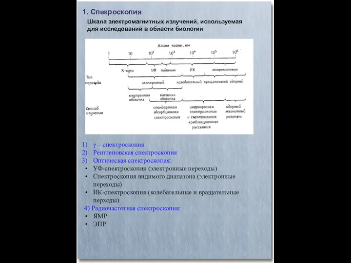 Шкала электромагнитных излучений, используемая для исследований в области биологии 1. Спекроскопия