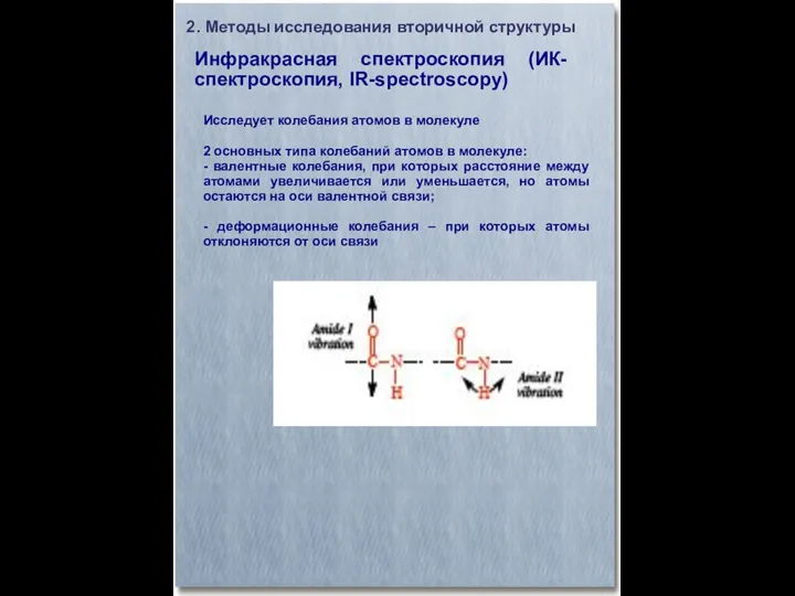 Инфракрасная спектроскопия (ИК-спектроскопия, IR-spectroscopy)‏ 2. Методы исследования вторичной структуры Исследует колебания