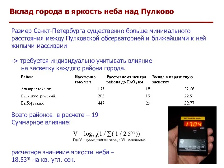 Вклад города в яркость неба над Пулково Размер Санкт-Петербурга существенно больше