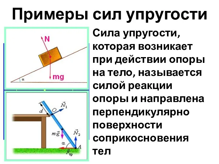 Примеры сил упругости Сила упругости, которая возникает при действии опоры на