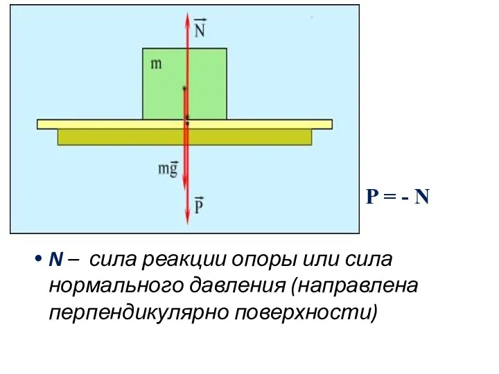 P = - N N – сила реакции опоры или сила нормального давления (направлена перпендикулярно поверхности)