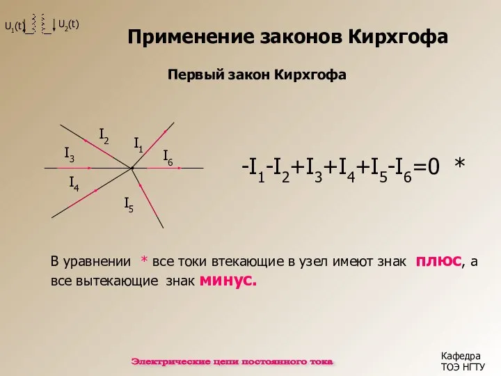 Применение законов Кирхгофа Кафедра ТОЭ НГТУ Электрические цепи постоянного тока Первый