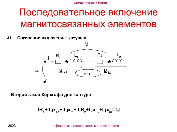 2003г Последовательное включение магнитосвязанных элементов Второй закон Кирхгофа для контура IR1+