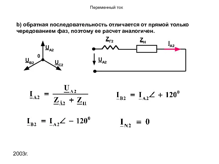 2003г. b) обратная последовательность отличается от прямой только чередованием фаз, поэтому ее расчет аналогичен.