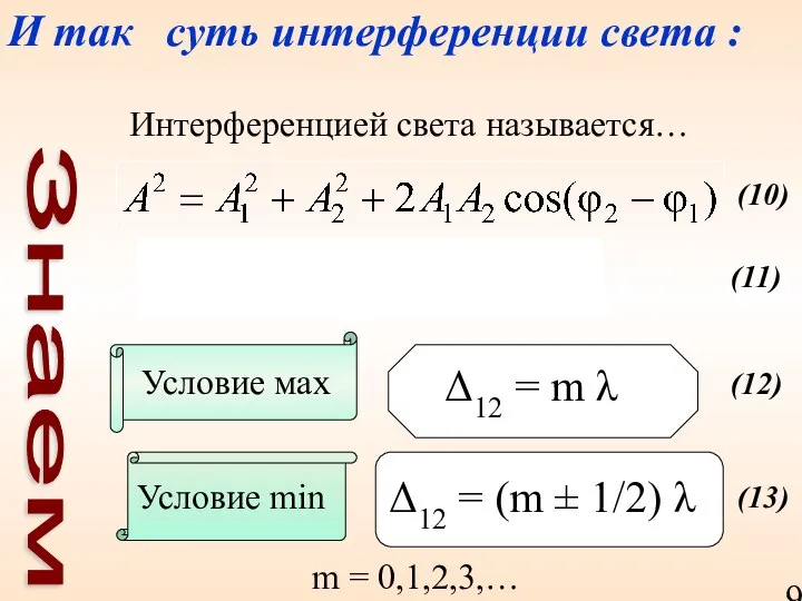 И так суть интерференции света : Знаем: Интерференцией света называется… Условие