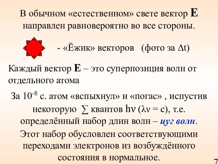 В обычном «естественном» свете вектор Е направлен равновероятно во все стороны.