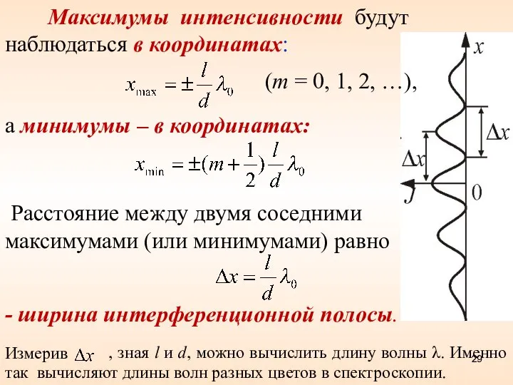 Расстояние между двумя соседними максимумами (или минимумами) равно Максимумы интенсивности будут