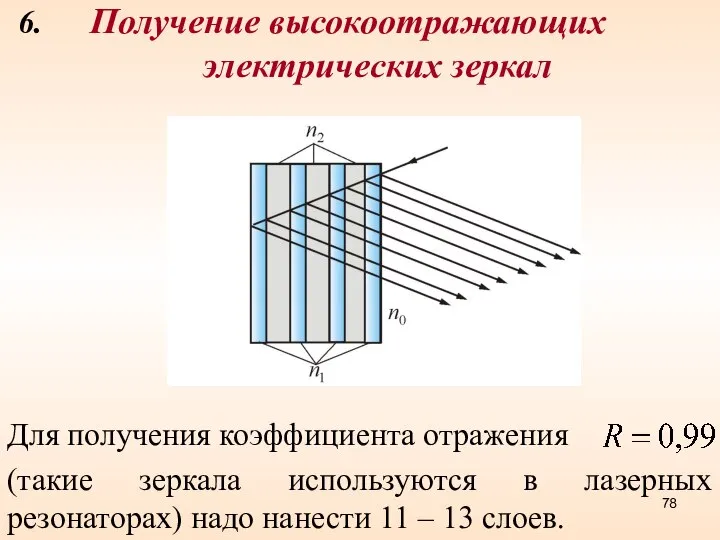 6. Получение высокоотражающих электрических зеркал Для получения коэффициента отражения (такие зеркала