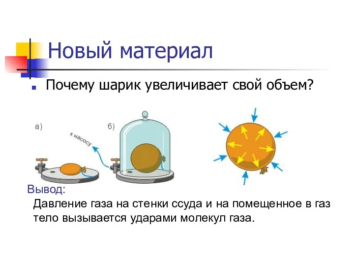 Новый материал Почему шарик увеличивает свой объем? Вывод: Давление газа на