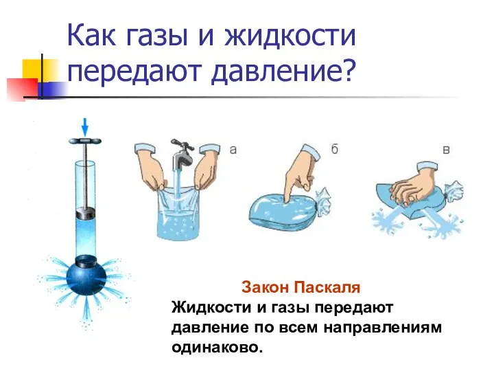 Как газы и жидкости передают давление? Закон Паскаля Жидкости и газы