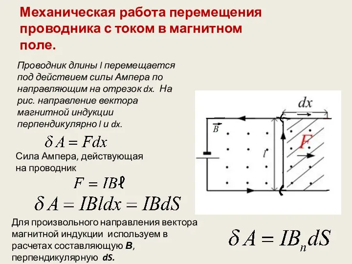 Механическая работа перемещения проводника с током в магнитном поле. Проводник длины