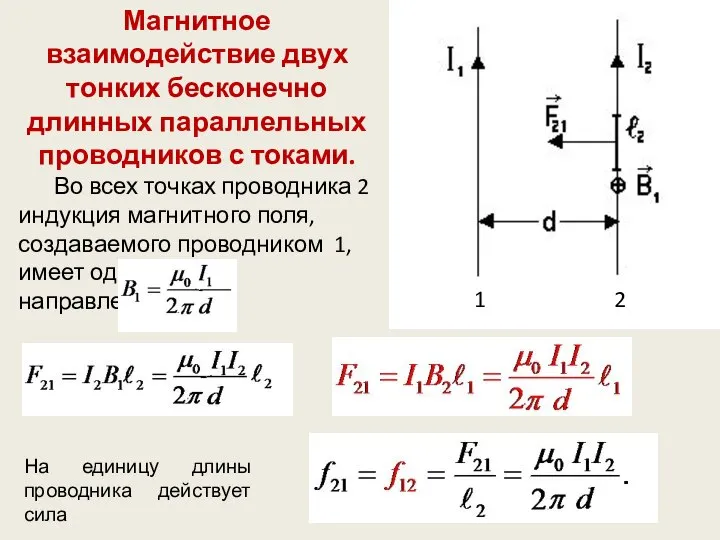 Магнитное взаимодействие двух тонких бесконечно длинных параллельных проводников с токами. Во