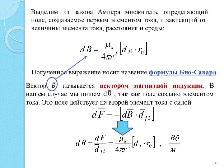 Выделим из закона Ампера множитель, определяющий поле, созда­ваемое первым элементом тока,