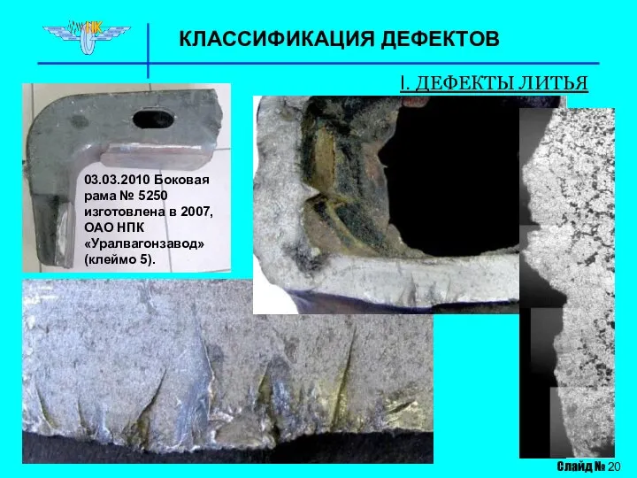 КЛАССИФИКАЦИЯ ДЕФЕКТОВ I. ДЕФЕКТЫ ЛИТЬЯ Слайд № 20 03.03.2010 Боковая рама