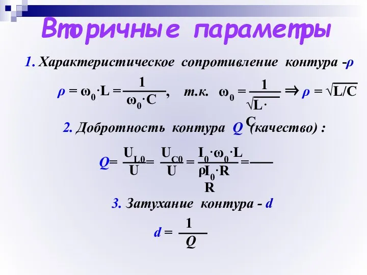 Вторичные параметры 1. Характеристическое сопротивление контура -ρ 2. Добротность контура Q