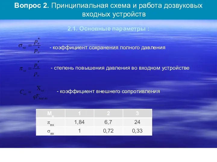 2.1. Основные параметры : - коэффициент сохранения полного давления - степень