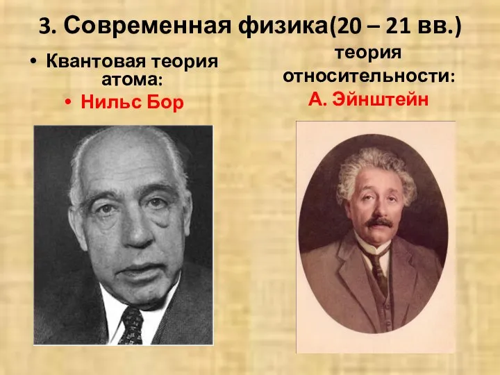 3. Современная физика(20 – 21 вв.) Квантовая теория атома: Нильс Бор теория относительности: А. Эйнштейн