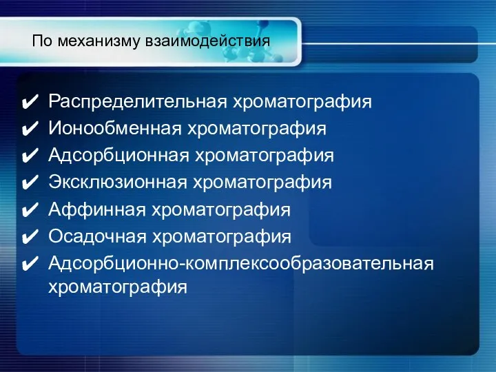 По механизму взаимодействия Распределительная хроматография Ионообменная хроматография Адсорбционная хроматография Эксклюзионная хроматография