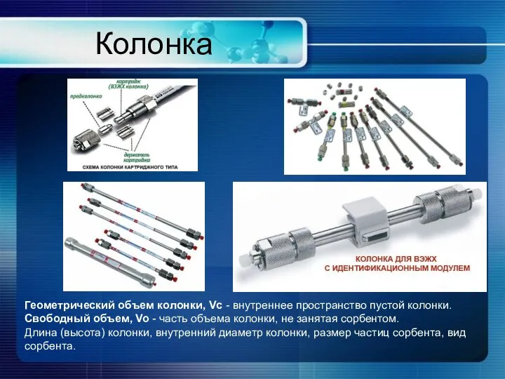 Колонка Геометрический объем колонки, Vc - внутреннее пространство пустой колонки. Свободный