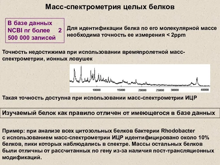 Масс-спектрометрия целых белков Точность недостижима при использовании времяпролетной масс-спектрометрии, ионных ловушек