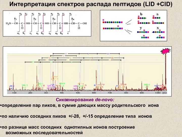 Интерпретация спектров распада пептидов (LID +CID) Сиквенирование de-novo: определение пар пиков,