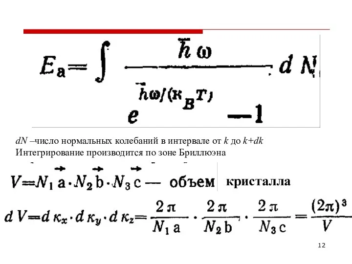 кристалла dN –число нормальных колебаний в интервале от k до k+dk Интегрирование производится по зоне Бриллюэна