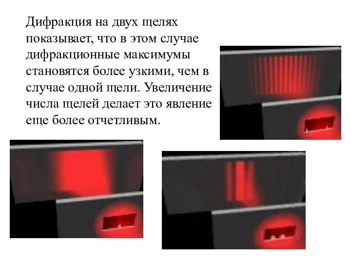 Дифракция на двух щелях показывает, что в этом случае дифракционные максимумы