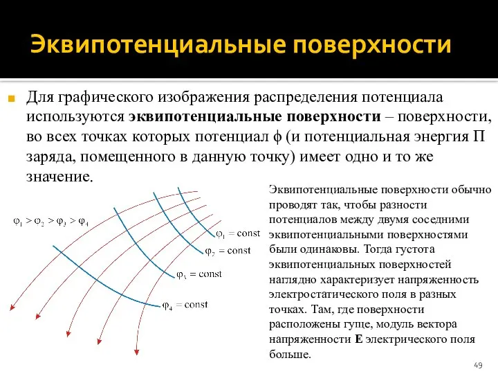 Эквипотенциальные поверхности Для графического изображения распределения потенциала используются эквипотенциальные поверхности –